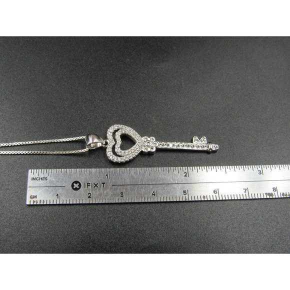 18" Sterling Silver Bright White Sapphire Key Pendant Necklace Vintage - Picture 6 of 7